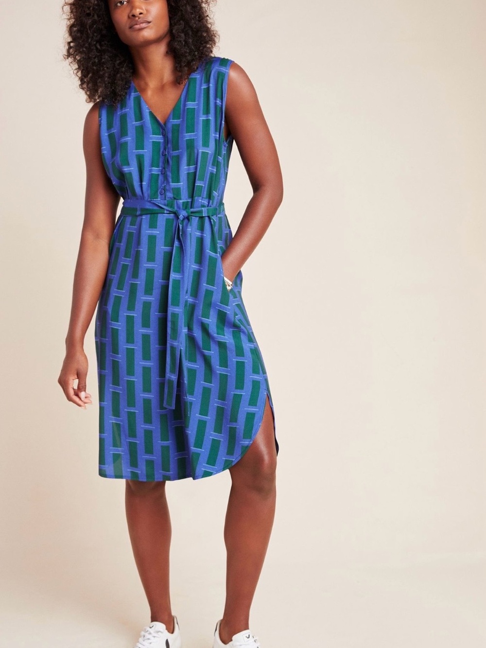 Anthropologie Blue & Green Sleeveless Tie-Waist Shirt Dress